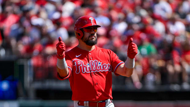 Sep 17, 2023; St. Louis, Missouri, USA; Philadelphia Phillies left fielder Kyle Schwarber (12) reacts after hitting a double against the St. Louis Cardinals during the third inning at Busch Stadium. Mandatory Credit: Jeff Curry-USA TODAY Sports